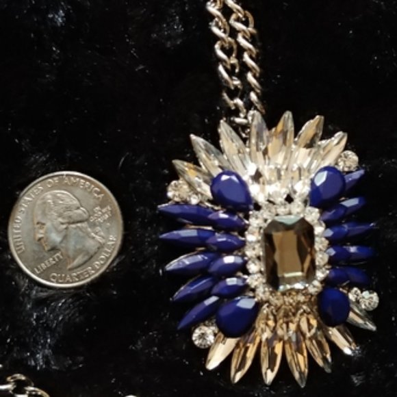 Stunning Statement Necklace | Crystal and Blue Rhinestone Large Pendant - Picture 4 of 5